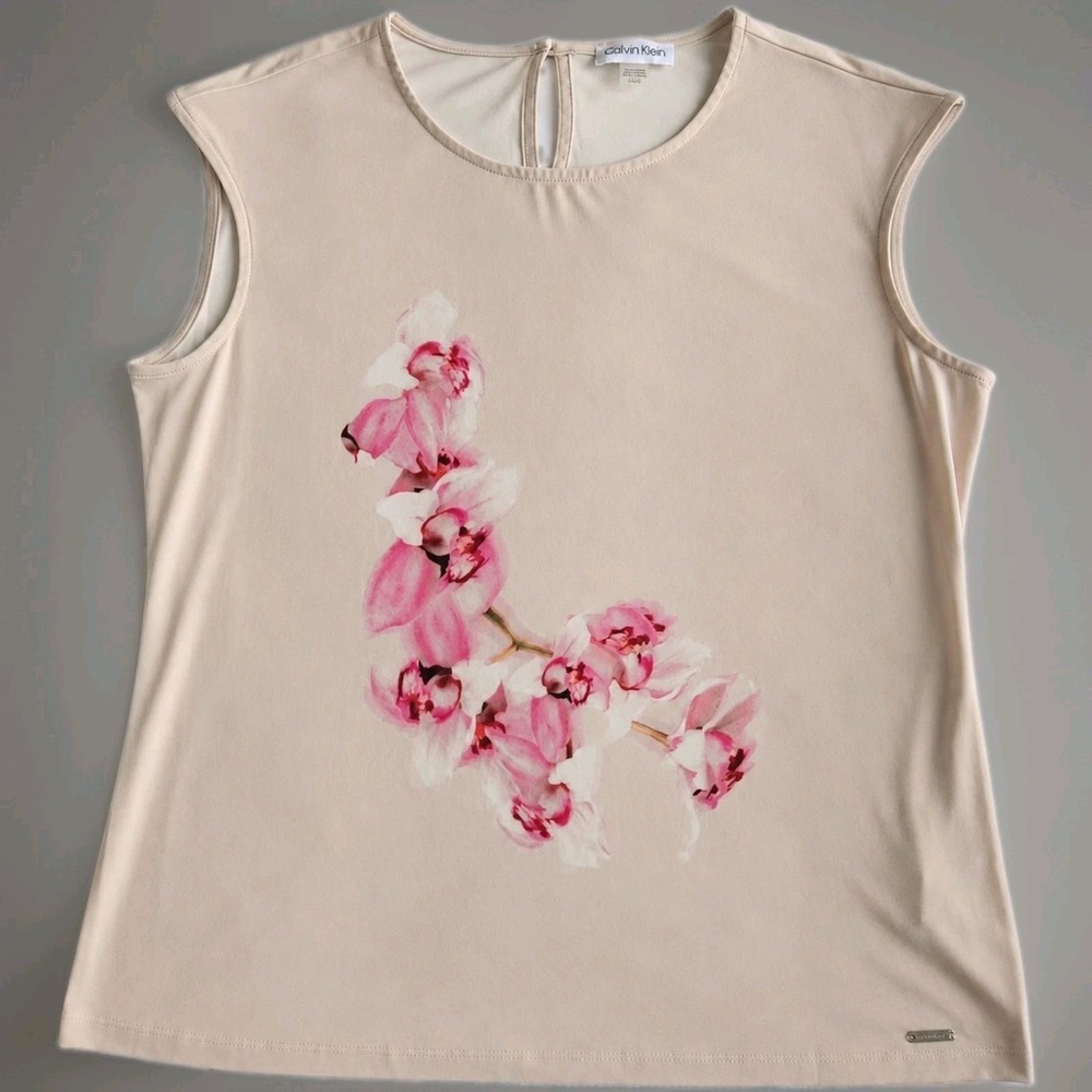 Calvin Klein Large Floral Blouse Pink Orchid Top Sleeveless Career Office Chic